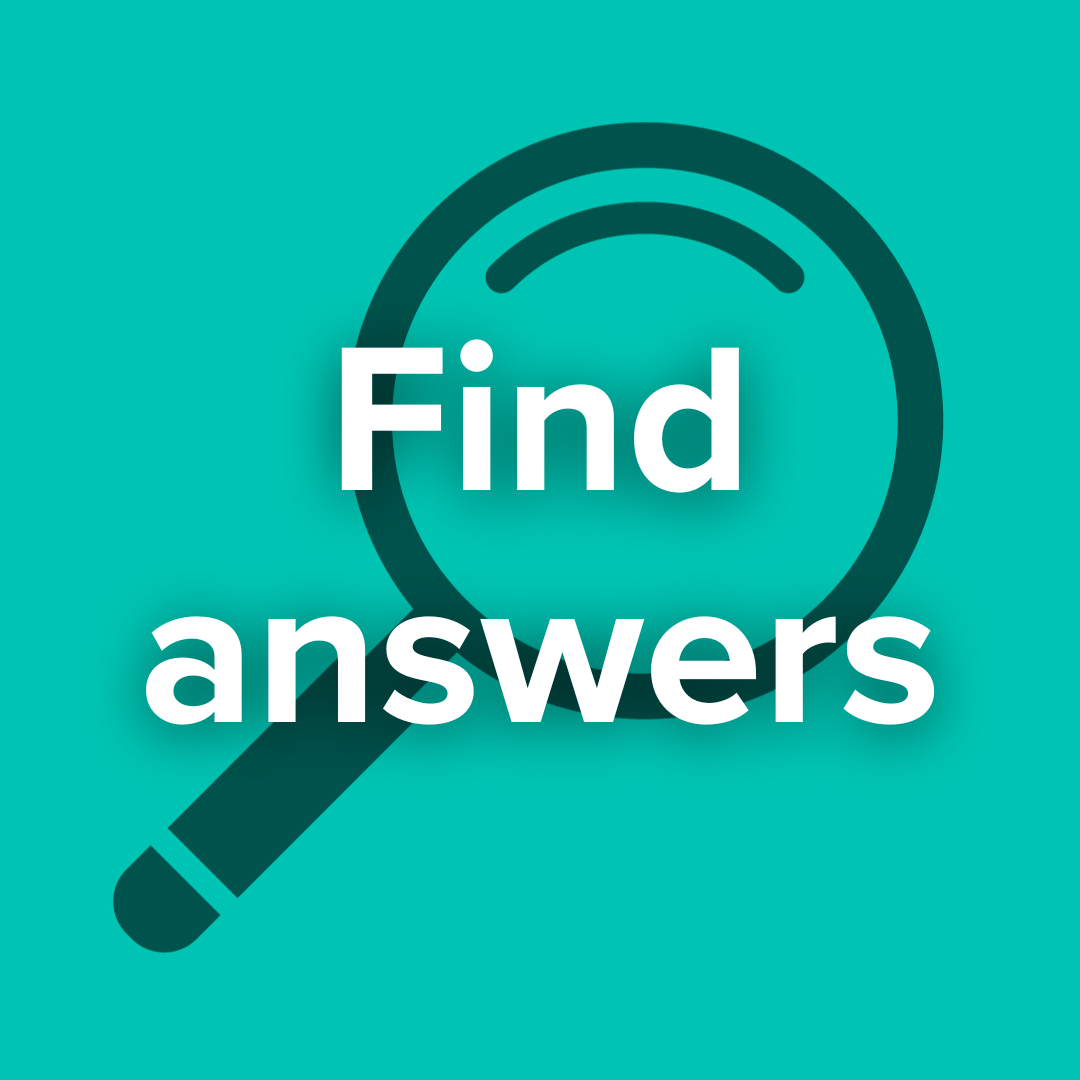 magnifying glass icon with the words find answers over the top