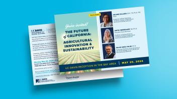 Front and back side of an invitation card with photos of featured speakers and an illustration of crops.