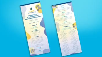 Front and back side of Shields Society menu sitting on a blue surface.