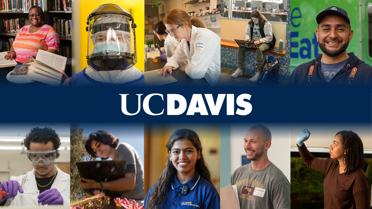 UC Davis logo over collage of diverse students and staff photographs in campus settings
