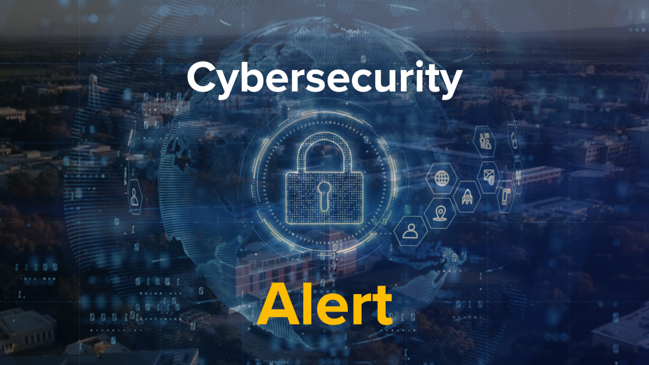 Blue cybersecurity graphic with glowing padlock, network icons over cityscape