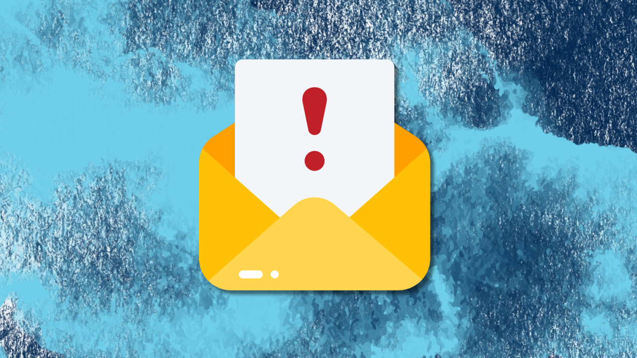 Graphic of yellow envelope with white paper and red exclamation mark on blue backdrop