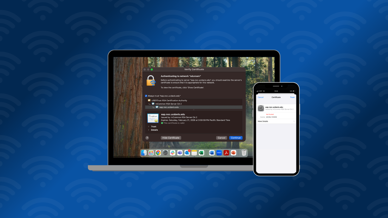 laptop and phone showing the 2025 eduroam security certificate