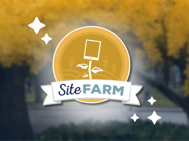 SiteFARM logo with a tree backdrop and yellow foliage in soft focus.
