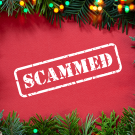 green evergreen framing a red background with white stamped lettering reading "scammed"