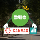 duo, canvas and Gradescope logos over a photo of UC Davis